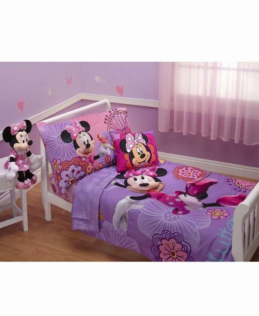 Comforter Sets * | Disney Minnie Mouse Fluttery Friends 4 Piece Toddler Bed Set Purple