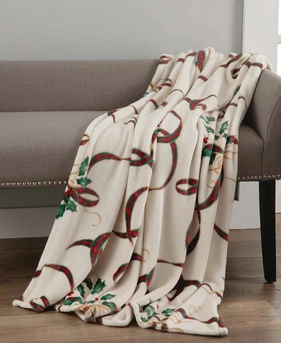 Blankets & Throws * | Lenox Holiday Ribbon Throw, 50 X 60 Cream