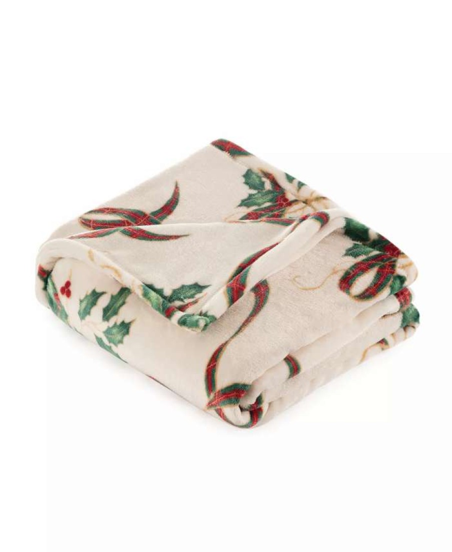 Blankets & Throws * | Lenox Holiday Ribbon Throw, 50 X 60 Cream