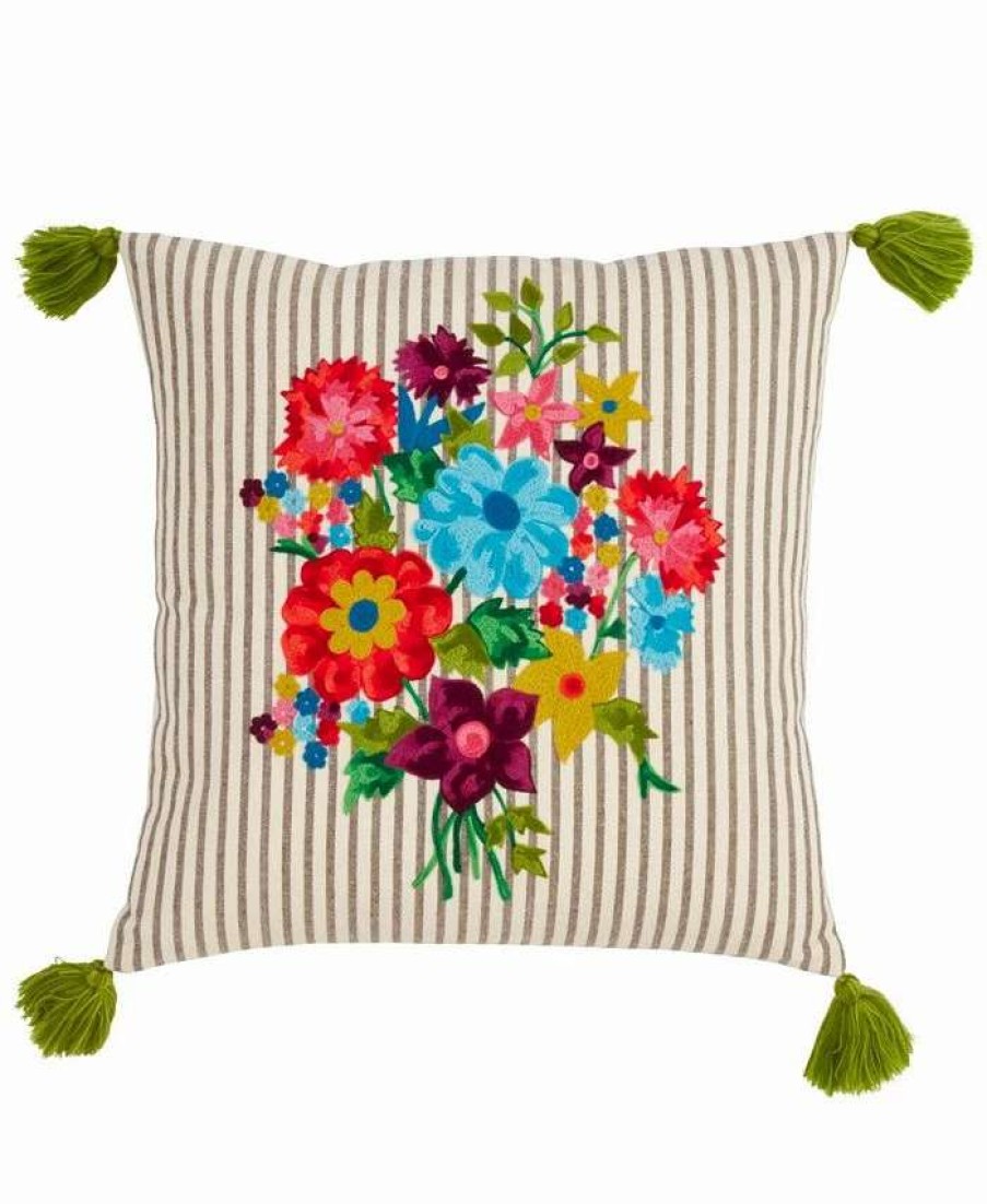 Decorative & Throw Pillows * | Saro Lifestyle Flower And Stripe Embroidered Decorative Pillow, 18 X 18 Multi