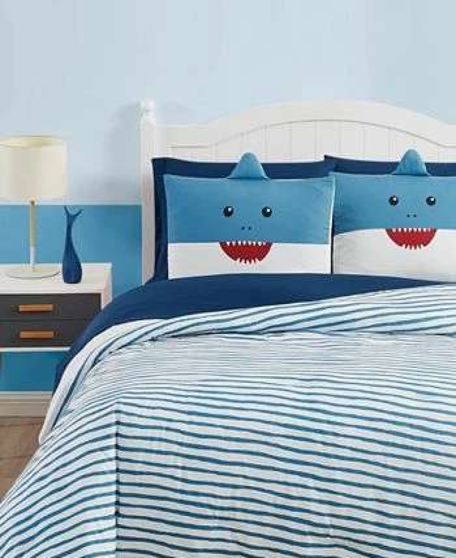 Comforter Sets * | My World Happy Shark 5 Piece Bed In A Bag Set, Twin Blue, White